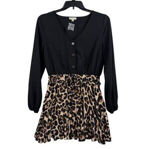 Leopard Print NWOT Main Strip Mini Dress Large Long Sleeved Ruffle Skirt Animal